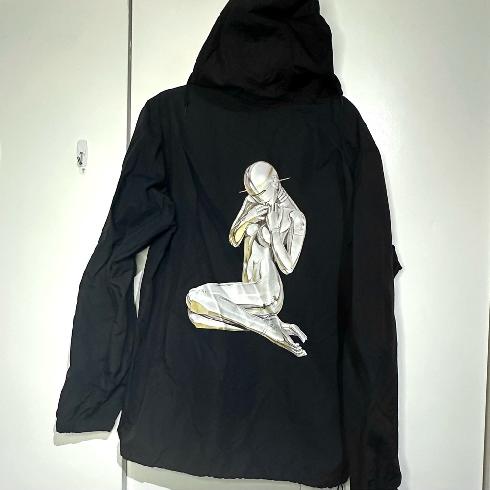 HUF x Sorayama Black Utility Jacket with Pink Logo and femme robot graphic